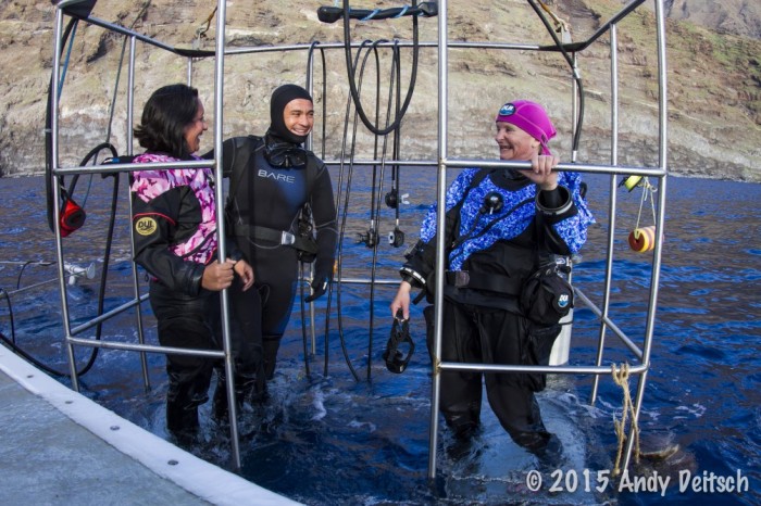 guests on the Nautilus Belle Amie in our submersible cages at Guadalupe Island