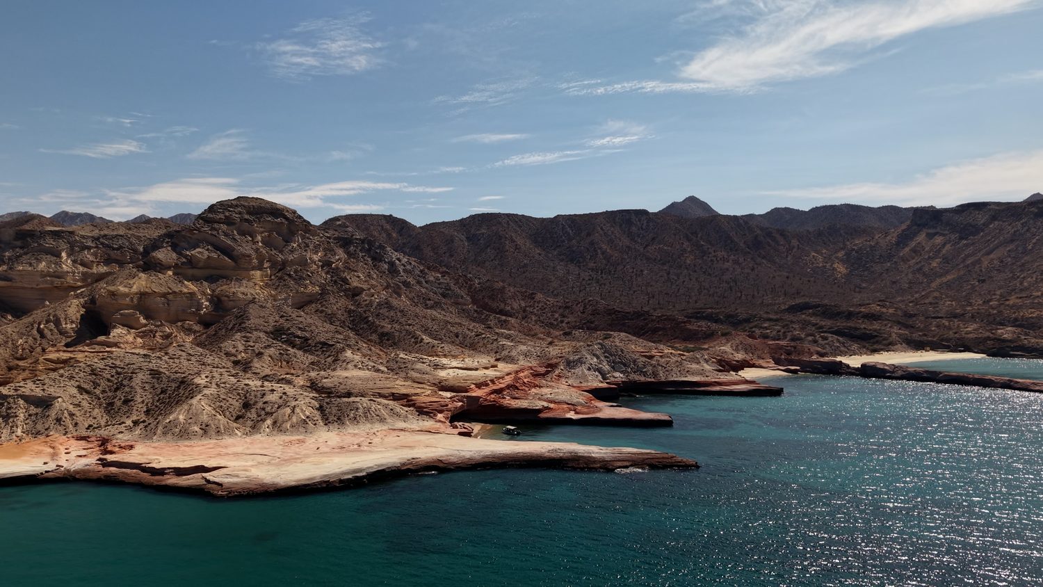 Drone view of Isla sanjose  glamping camp and the Sea of Cortez